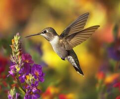 Hummingbird hovering over vibrant flowers in a colorful garden during the afternoon photo