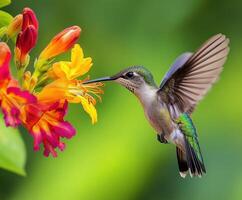 A hummingbird gracefully hovers in close proximity to an array of colorful flowers blossoming in a lively garden photo
