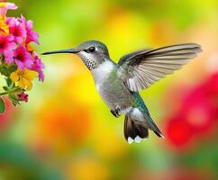Colorful hummingbird hovering near vibrant flowers in a lush garden setting during sunny daylight photo