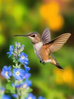 Dynamic hummingbird hovering near vibrant blue flowers in a colorful garden during springtime photo