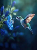 A hummingbird is gracefully feeding on a vibrant blue flower, set against the tranquil backdrop of a serene garden as dusk begins to settle in photo