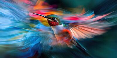 Hummingbird in vibrant motion displaying colorful wings against a blurred background photo