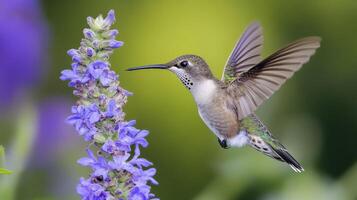 Hummingbird feeding on vibrant purple flowers in a lush garden during daylight hours photo