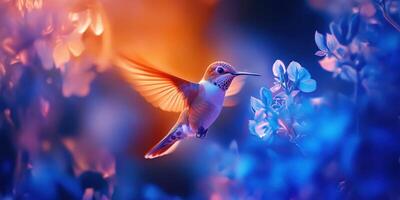 Hummingbird hovering near vibrant flowers with colorful background at dusk photo