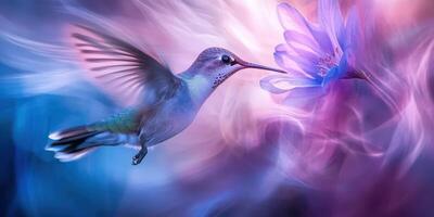 Hummingbird hovering near a vibrant flower in a colorful background during the golden hour of sunset photo
