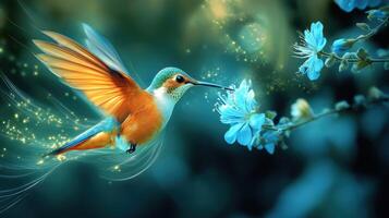 Colorful hummingbird feeding on delicate blue flowers in a tranquil garden setting during the warm afternoon light photo