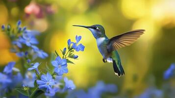 Hummingbird hovering gracefully among vibrant blue flowers in a sunny garden during spring photo
