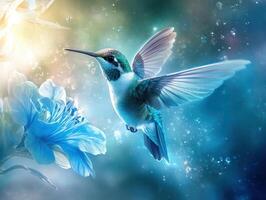 Colorful hummingbird hovering near a vibrant flower in a serene natural setting during bright daylight photo
