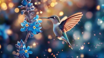 Hummingbird feeding on blue flowers while surrounded by bokeh lights in a vibrant garden during the golden hour photo