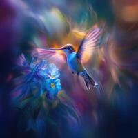 Colorful hummingbird hovering near vibrant blue flowers in a lush garden setting at sunset photo