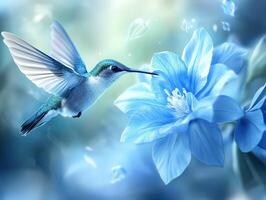 Colorful hummingbird feeding on blue flower in a tranquil garden setting photo
