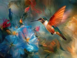 Vibrant hummingbird hovering near colorful flowers in a lush garden setting during bright daylight photo
