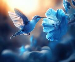 Hummingbird hovering near a blue flower during sunset in a tranquil garden photo