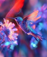 Vibrant hummingbird hovering over colorful flowers in a lush garden at sunrise photo