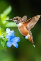 Hummingbird feeding on bright blue flower in a vibrant garden during a sunny afternoon photo