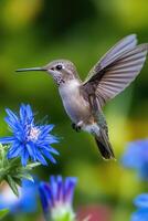 Hummingbird hovering near vibrant blue flower in a lush garden during daylight photo