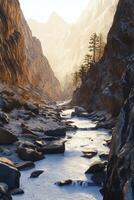 A river flows through a rocky canyon photo