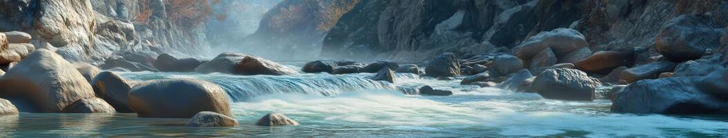 A river flowing through a canyon with rocks and water photo