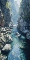 A river in the middle of a rocky canyon photo