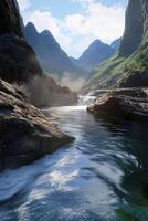 A river flowing through a mountain range photo