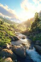 A beautiful mountain stream running through a valley photo