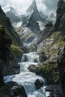 A waterfall flows through a rocky mountain stream photo