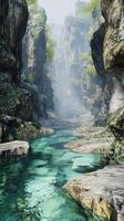 A river flows through a canyon with rocks and trees photo