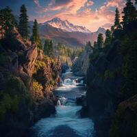 A river flows through a rocky canyon with trees and mountains photo