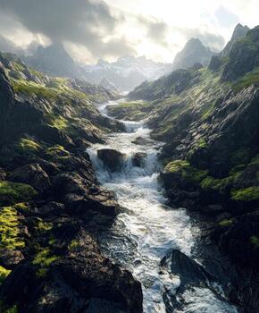 A river flows through a mountain range with rocks and grass photo