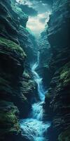 A waterfall flowing through a canyon with green grass photo