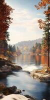 Mountain river flows gently through autumn landscape with vibrant foliage under a clear sky photo