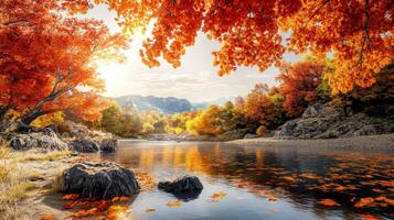 Mountain river reflecting autumn colors at sunset with vibrant trees and rocky shore photo