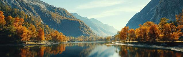 montaña río fluye mediante otoño paisaje exhibiendo vibrante colores y sereno reflexiones en el agua foto