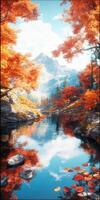 Mountain river reflects autumn foliage and distant peaks under a clear sky during the golden hour photo