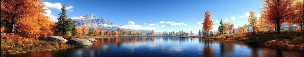 majestuoso montaña río rodeado por vibrante otoño follaje en un sereno paisaje con claro azul cielo foto