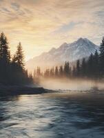 Mountain river flows through misty forest at sunrise with snow-capped peaks in the background photo