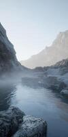 Mountain river flows smoothly between rocky cliffs at dawn with mist rising from the water's surface photo