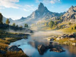 Mountain river flows gently through a serene landscape with towering peaks and vibrant greenery during early morning light photo