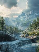 Mountain river flows through rocky terrain with lush green trees and distant mountains under a cloudy sky photo