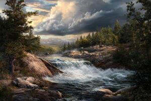 Mountain river cascades through rocky terrain under an overcast sky at dusk photo