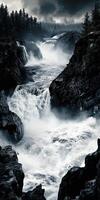 Majestic mountain river cascades through rugged rocks and lush forests under a dramatic cloudy sky in a tranquil wilderness landscape photo