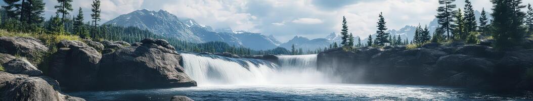 Mountain river cascading over rocks under a cloudy sky creates a tranquil atmosphere in a scenic landscape photo