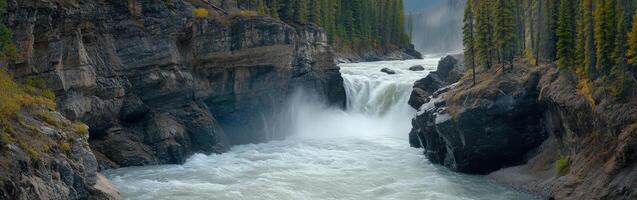 Mountain river cascading through rocky terrain surrounded by dense forest during daylight hours photo