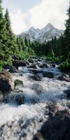 Mountain river flows through a lush forest at the foot of snow-capped peaks during a bright, sunny day photo