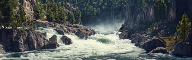 Rushing mountain river flows through rocky landscape surrounded by lush green trees photo