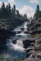 Tranquil mountain river cascading over rocks surrounded by lush greenery under a clear blue sky photo