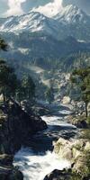 Lush mountain river flowing through a rocky landscape surrounded by towering peaks and dense forests under a clear sky photo