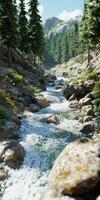 Mountain river flowing through rocky landscape under a bright sky surrounded by tall trees photo