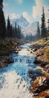 Majestic mountain river flowing through lush greenery under a bright blue sky photo