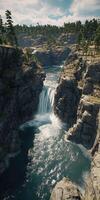 Majestic mountain river flowing through rocky cliffs with a stunning waterfall in the background on a bright sunny day photo